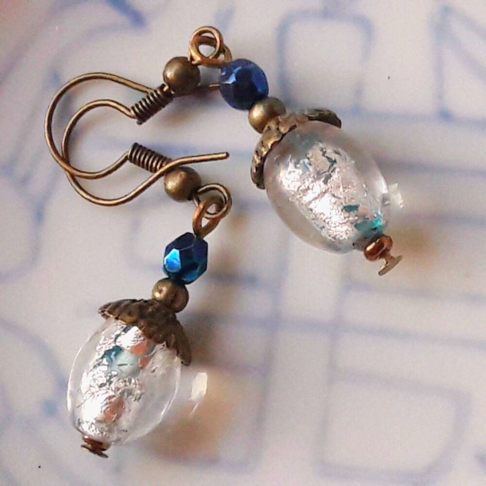 Silver Glass Antique Bronze Hooks Hidden Meaning earrings Poetcore , Earth  508■